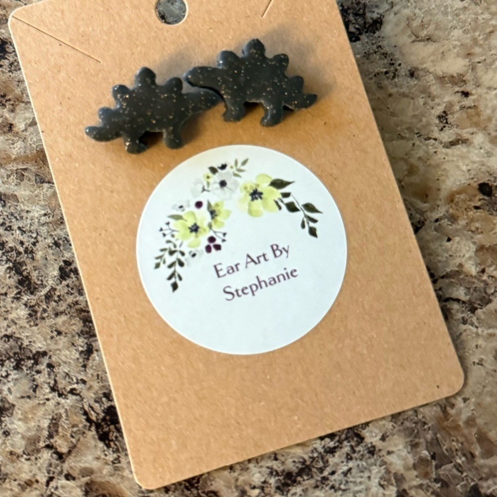 3/$20 Hand Crafted Ear Art by Stephanie Black Dinosaur Earrings - Picture 2 of 3